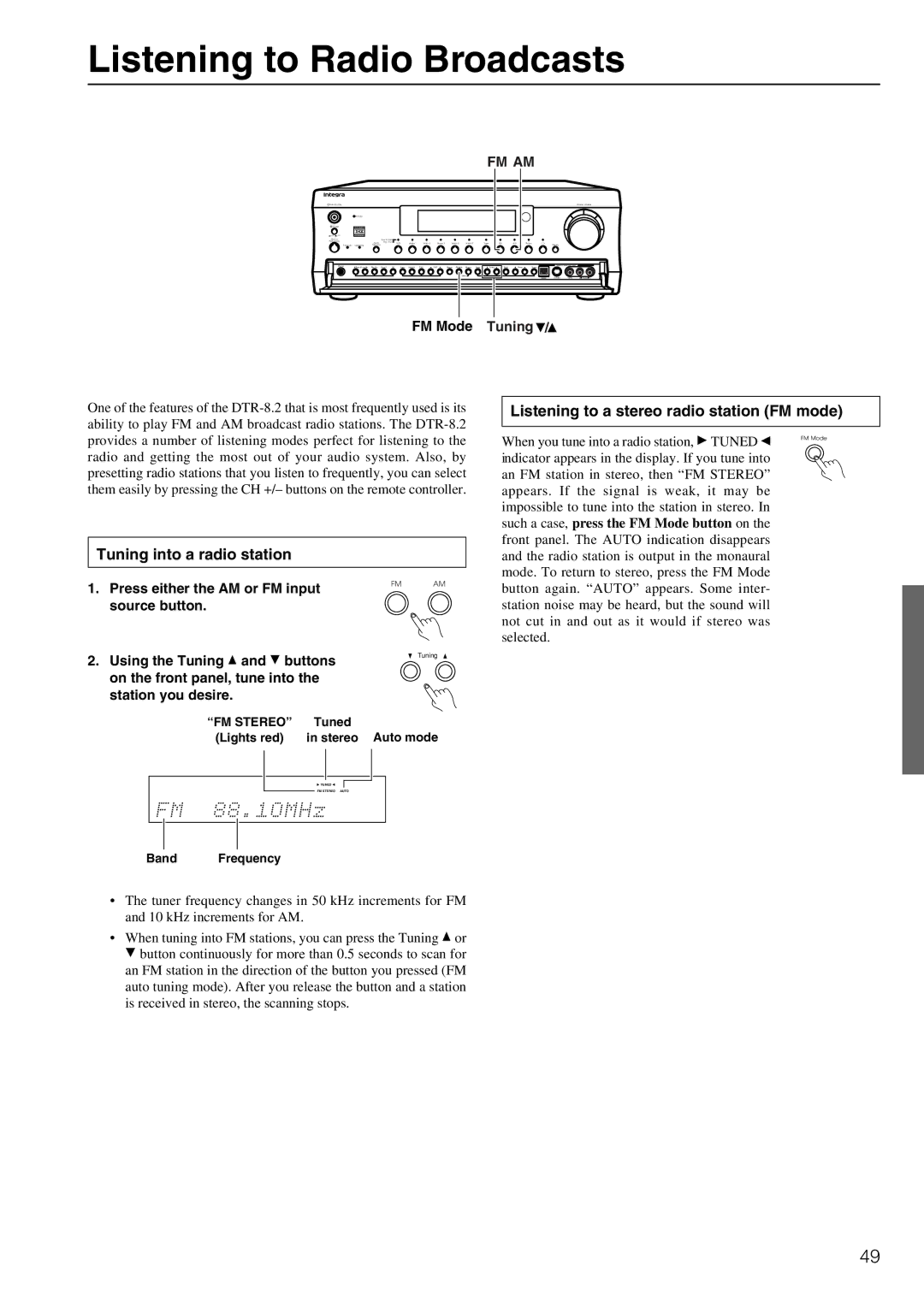 Integra DTR-8.2 Listening to Radio Broadcasts, Tuning into a radio station, Listening to a stereo radio station FM mode 