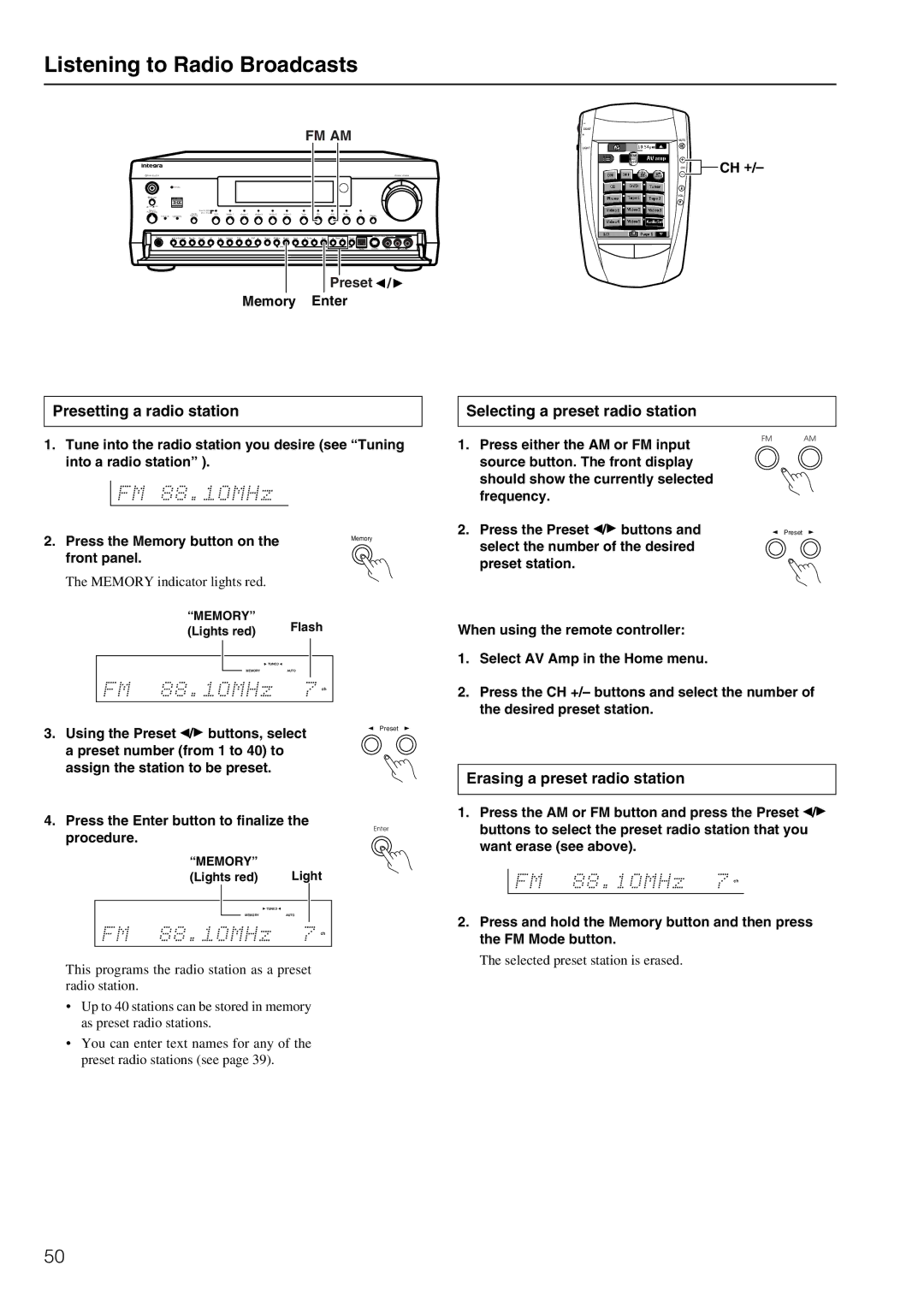 Integra DTR-8.2 Listening to Radio Broadcasts, Presetting a radio station, Selecting a preset radio station 