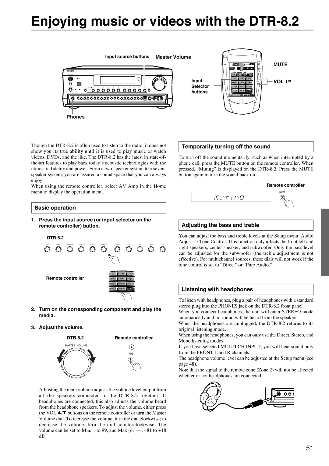 Integra instruction manual Enjoying music or videos with the DTR-8.2, Temporarily turning off the sound, Basic operation 