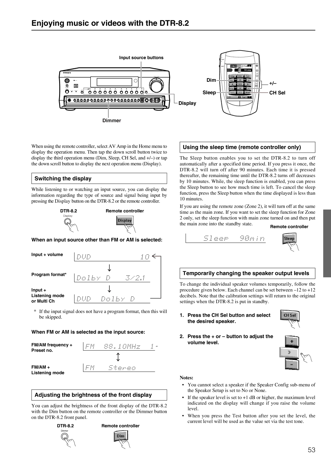 Integra DTR-8.2 instruction manual Switching the display, Using the sleep time remote controller only 