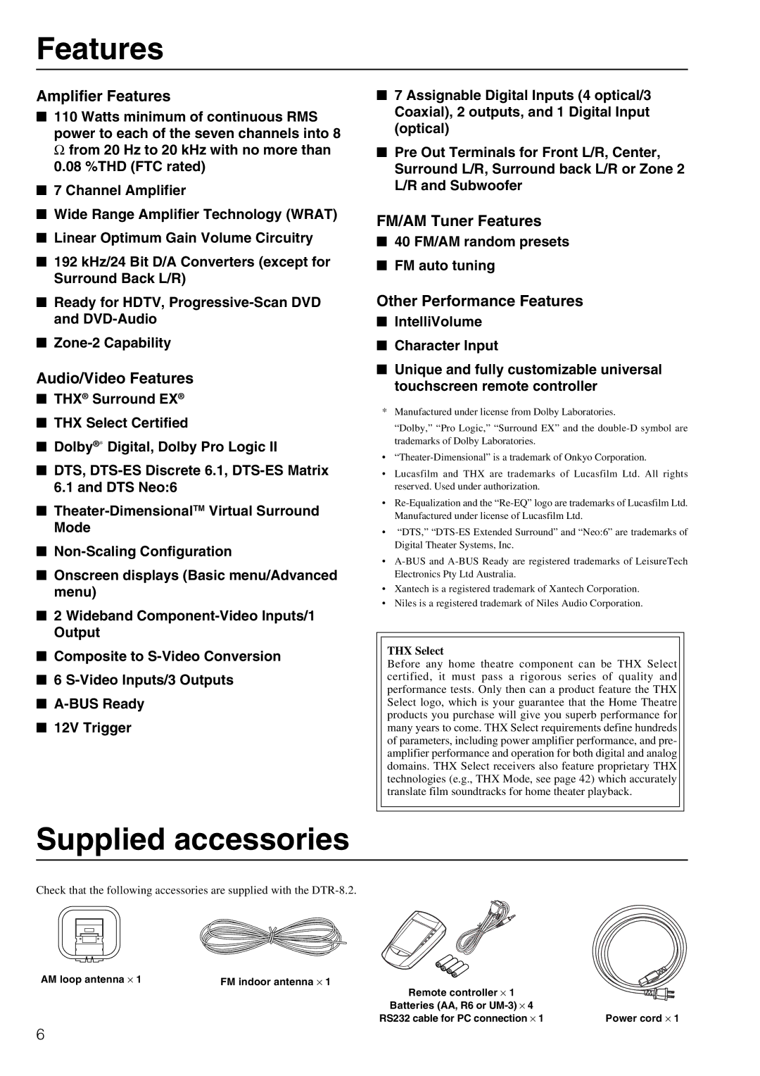 Integra DTR-8.2 instruction manual Features, Supplied accessories 