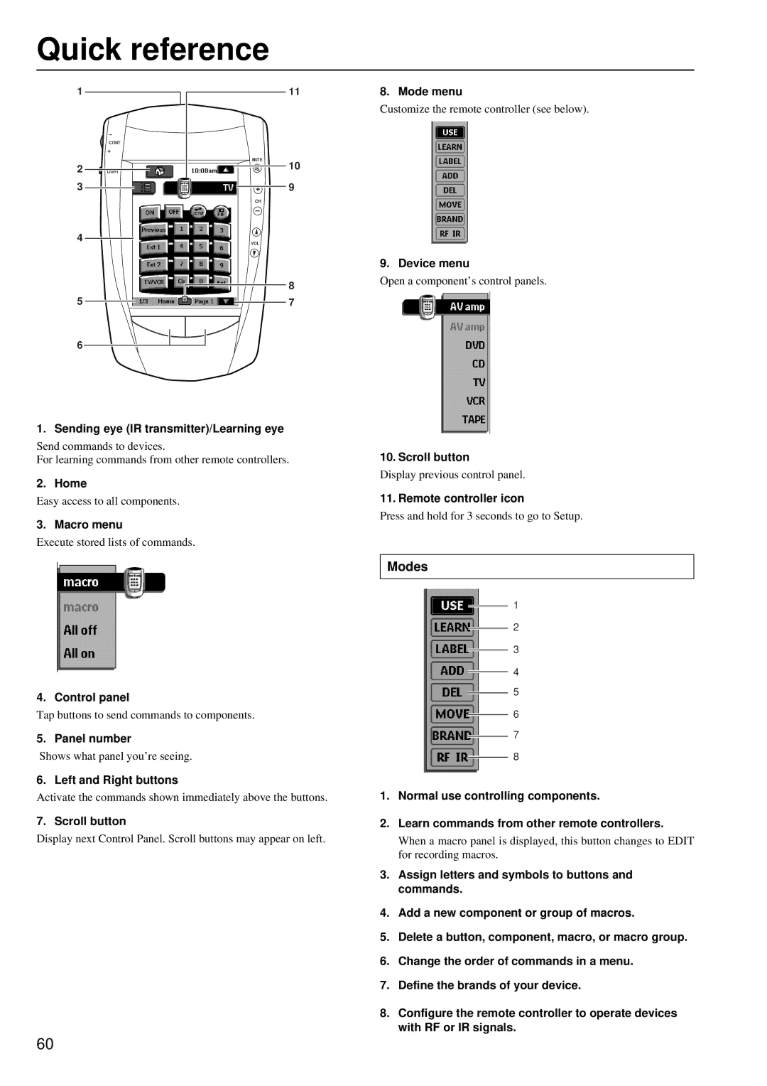 Integra DTR-8.2 instruction manual Quick reference, Modes 