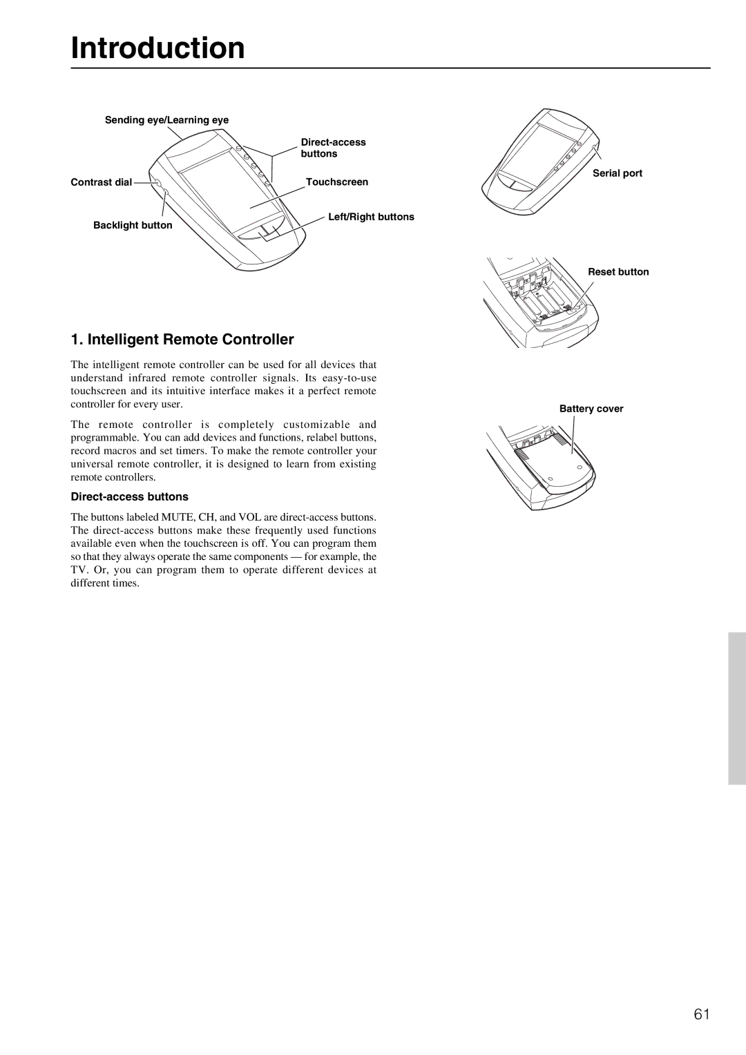 Integra DTR-8.2 instruction manual Introduction, Intelligent Remote Controller, Direct-access buttons 