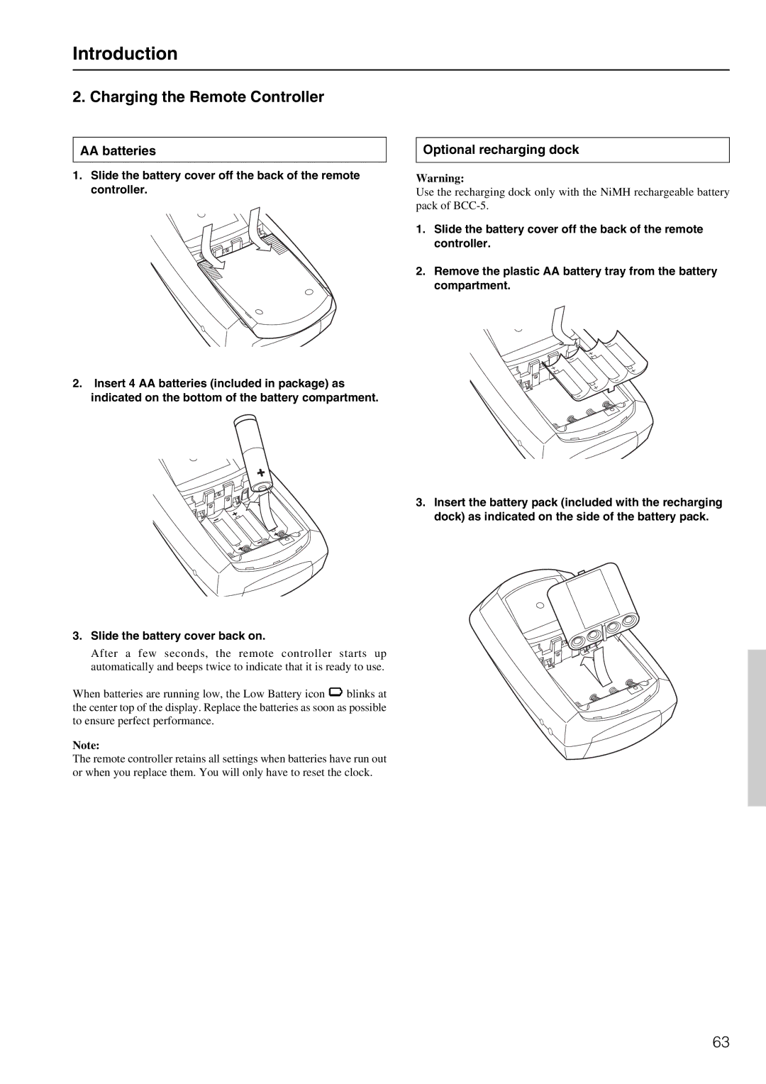 Integra DTR-8.2 instruction manual Charging the Remote Controller, AA batteries, Optional recharging dock 