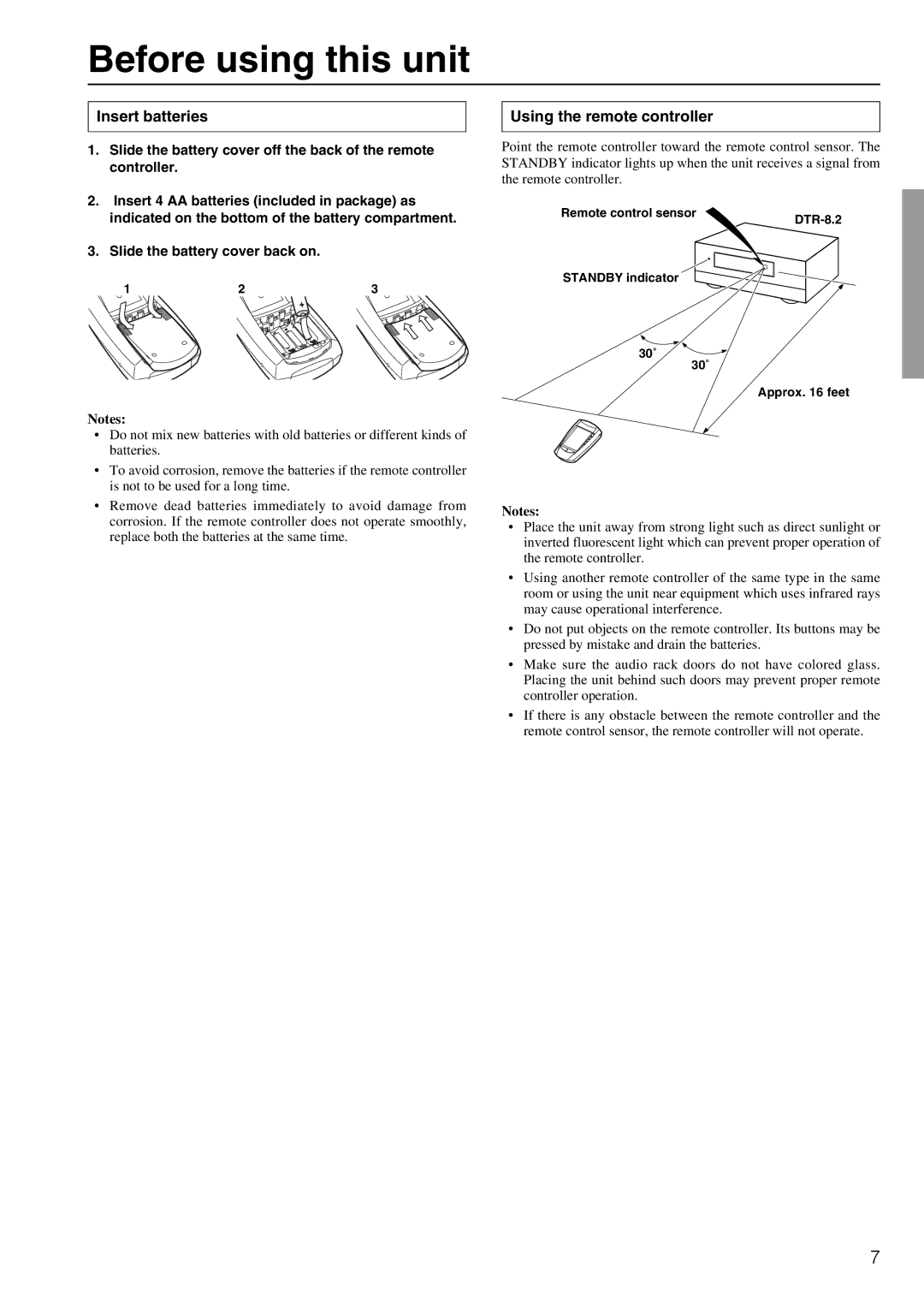 Integra DTR-8.2 instruction manual Before using this unit, Insert batteries, Using the remote controller 