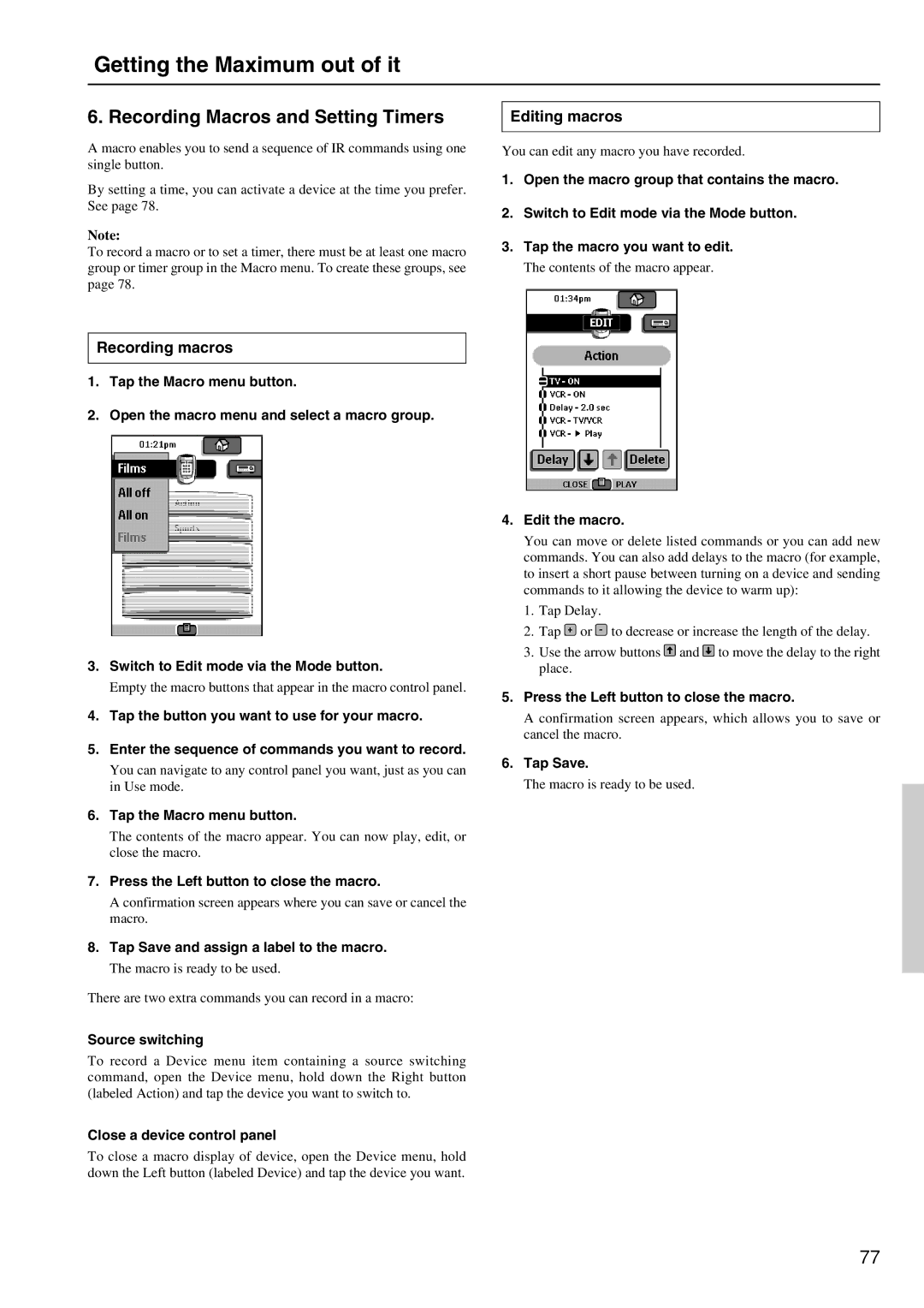 Integra DTR-8.2 instruction manual Recording Macros and Setting Timers, Editing macros, Recording macros 