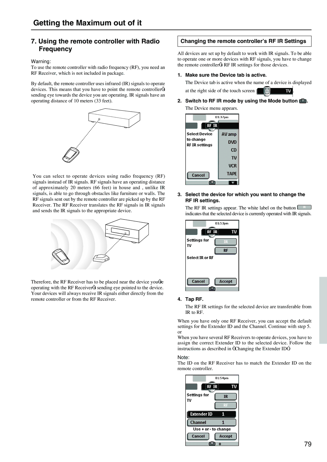 Integra DTR-8.2 Using the remote controller with Radio Frequency, Changing the remote controller’s RF IR Settings, Tap RF 