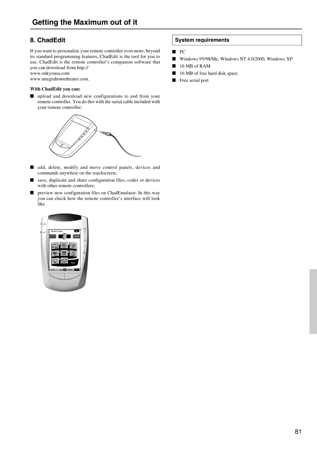 Integra DTR-8.2 instruction manual System requirements, With ChadEdit you can 