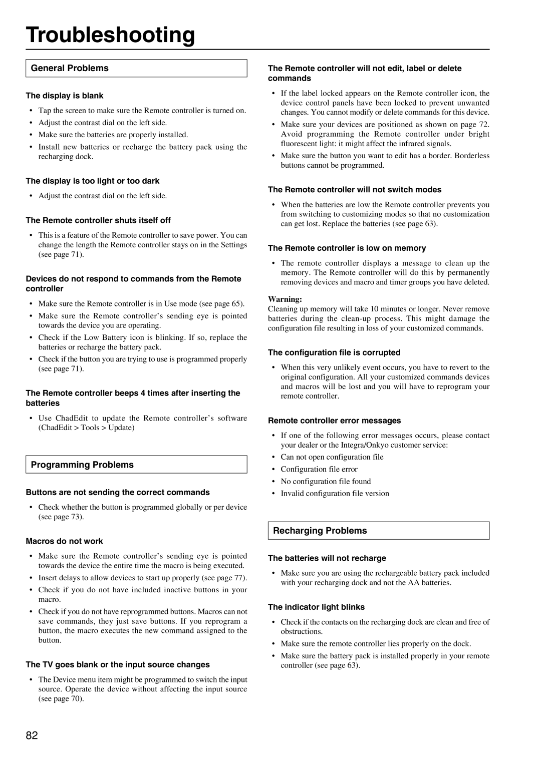 Integra DTR-8.2 instruction manual Troubleshooting, General Problems, Programming Problems, Recharging Problems 