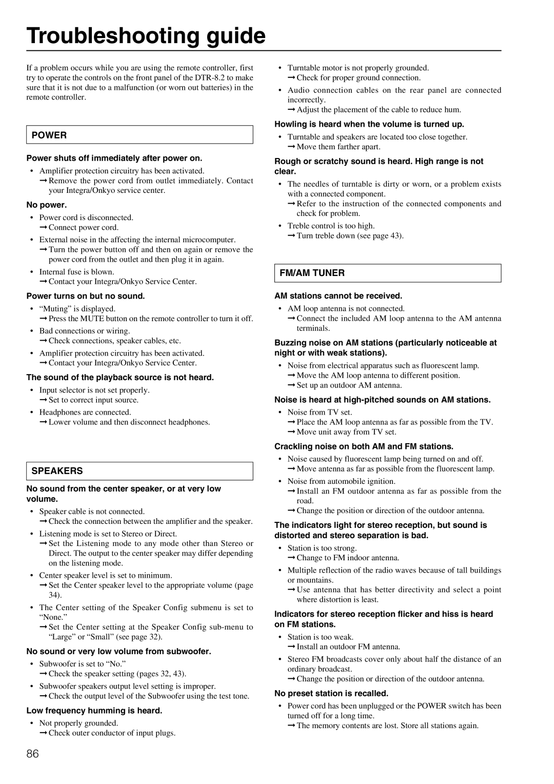 Integra DTR-8.2 instruction manual Troubleshooting guide 