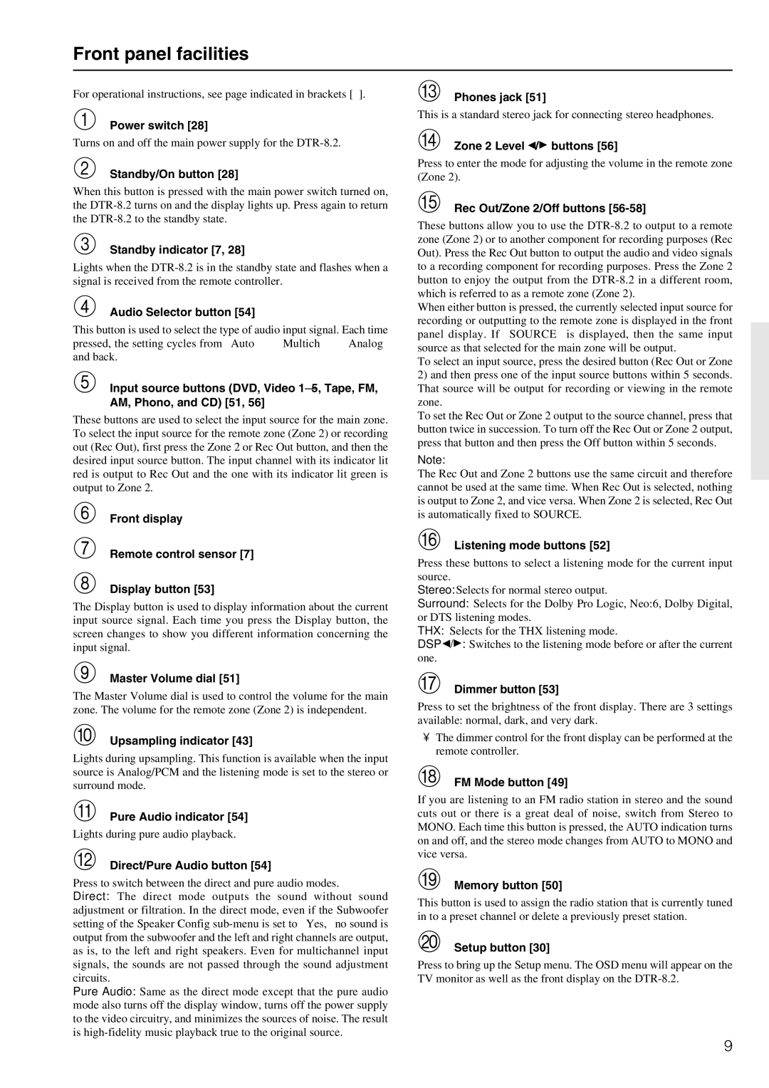 Integra DTR-8.2 instruction manual Front panel facilities 