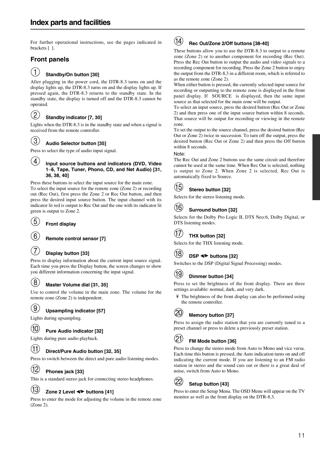 Integra DTR-8.3 instruction manual Index parts and facilities 