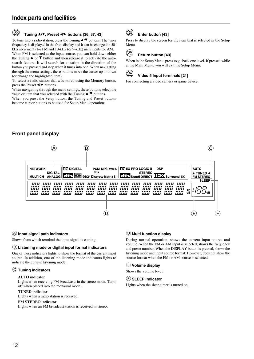 Integra DTR-8.3 instruction manual Front panel display 