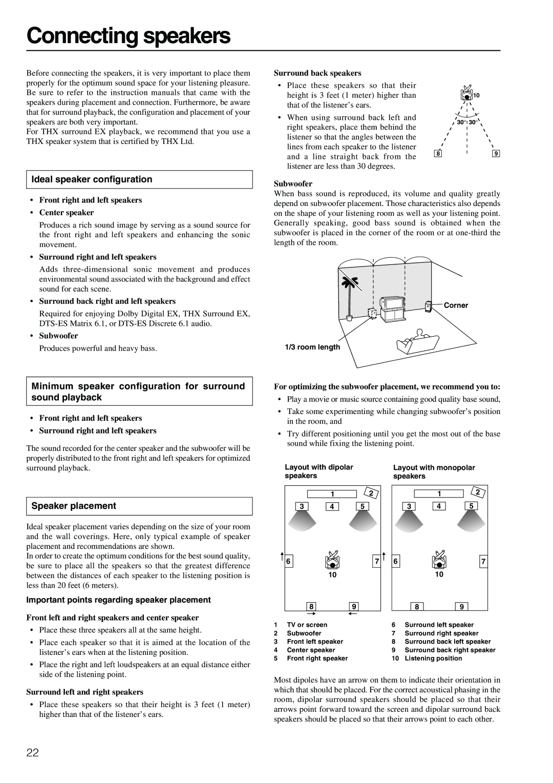 Integra DTR-8.3 instruction manual Connecting speakers, Ideal speaker configuration, Speaker placement 