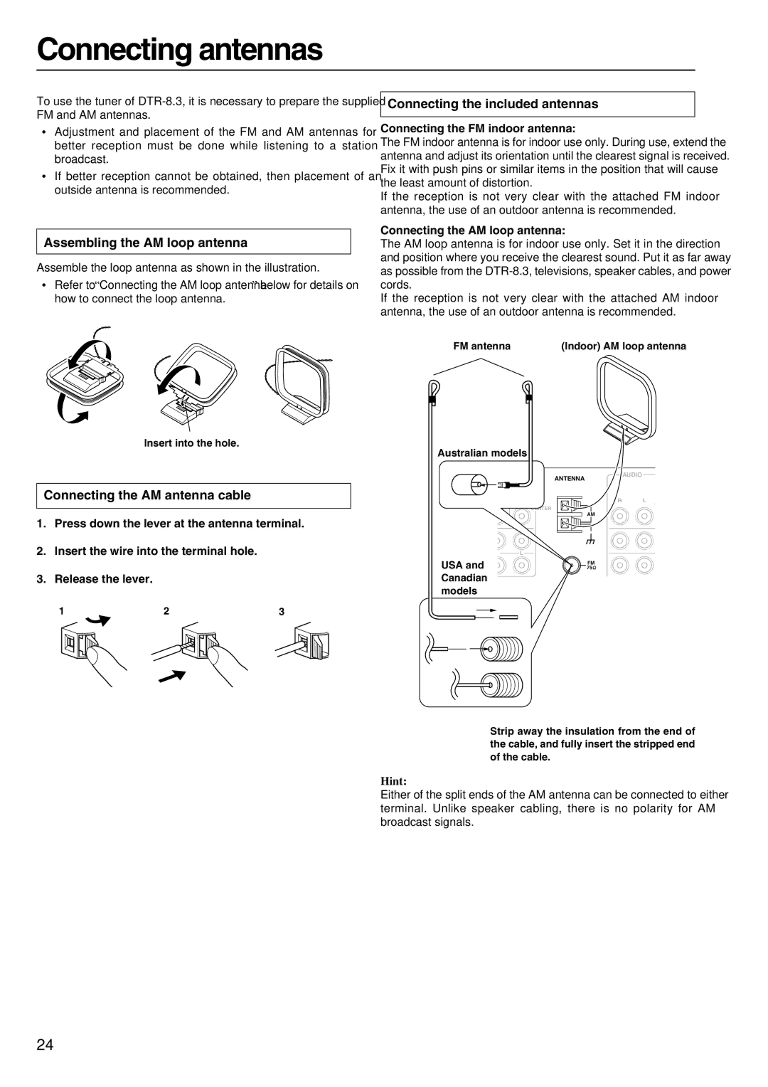 Integra DTR-8.3 instruction manual Connecting antennas, Assembling the AM loop antenna, Connecting the AM antenna cable 