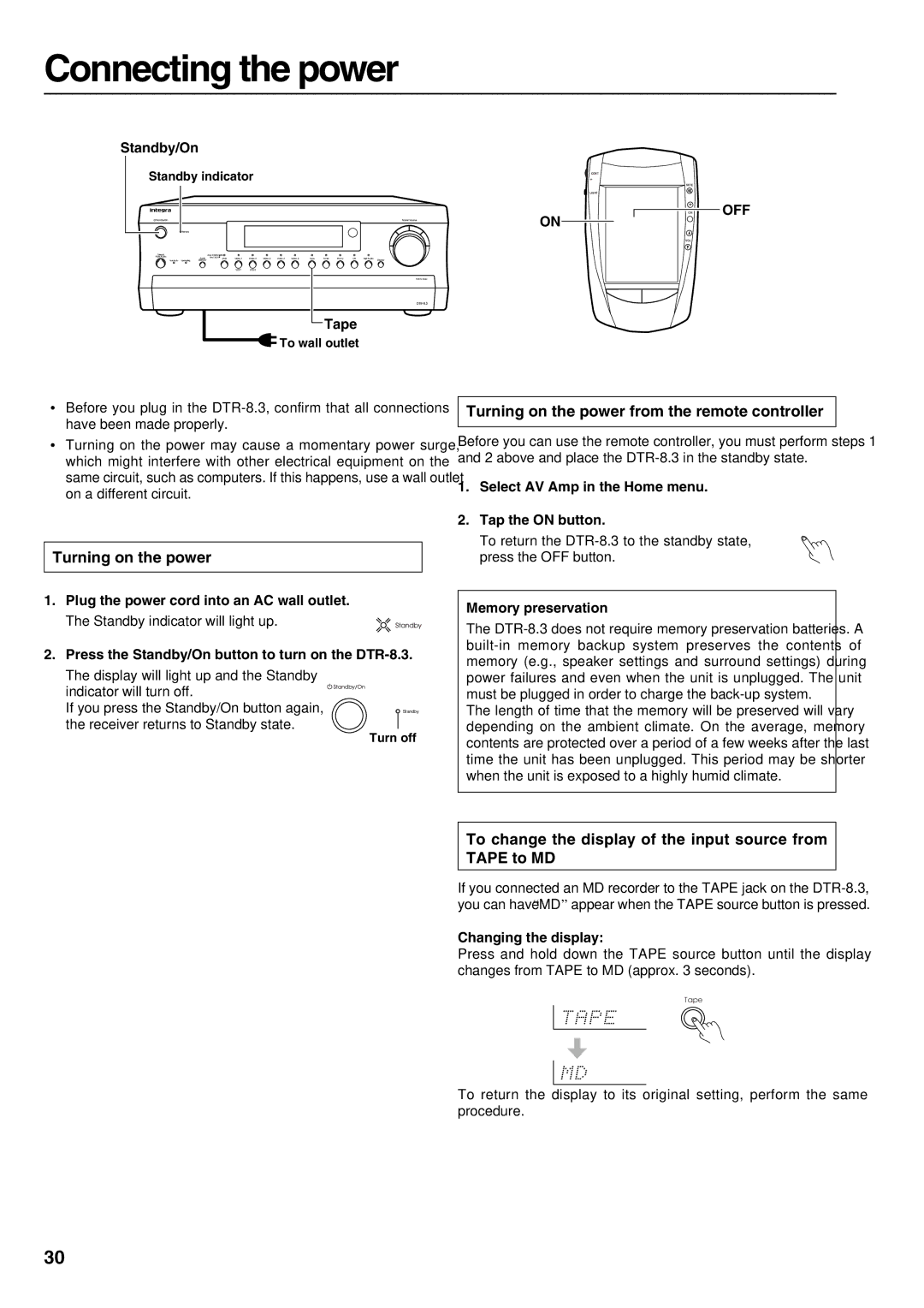 Integra DTR-8.3 instruction manual Connecting the power, Turning on the power from the remote controller 