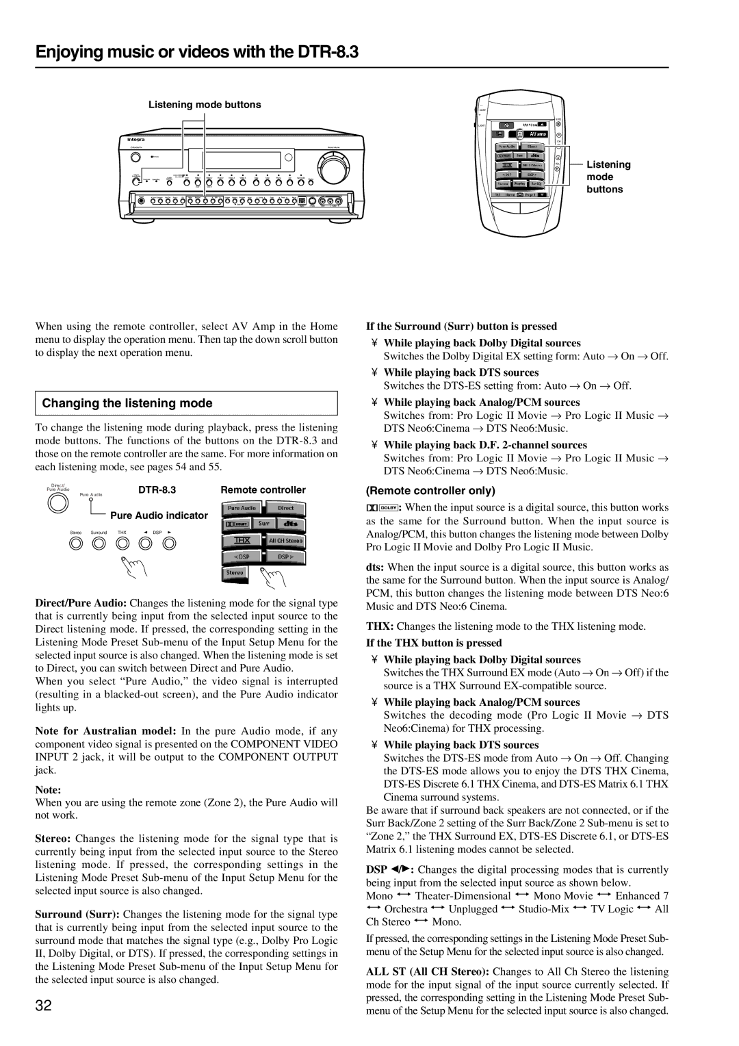 Integra Enjoying music or videos with the DTR-8.3, Changing the listening mode, Remote controller only 