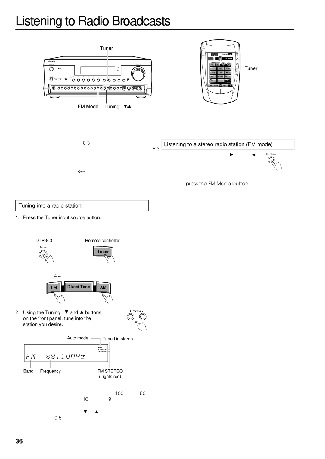 Integra DTR-8.3 Listening to Radio Broadcasts, Tuning into a radio station, Listening to a stereo radio station FM mode 