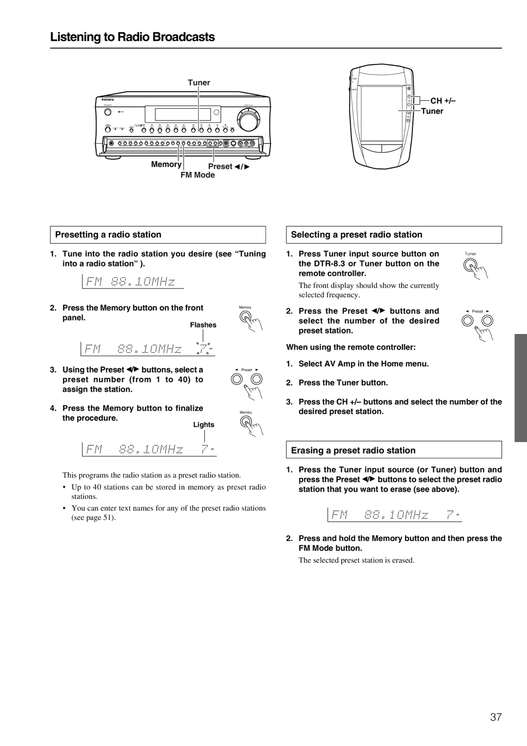 Integra DTR-8.3 Listening to Radio Broadcasts, Presetting a radio station, Selecting a preset radio station 