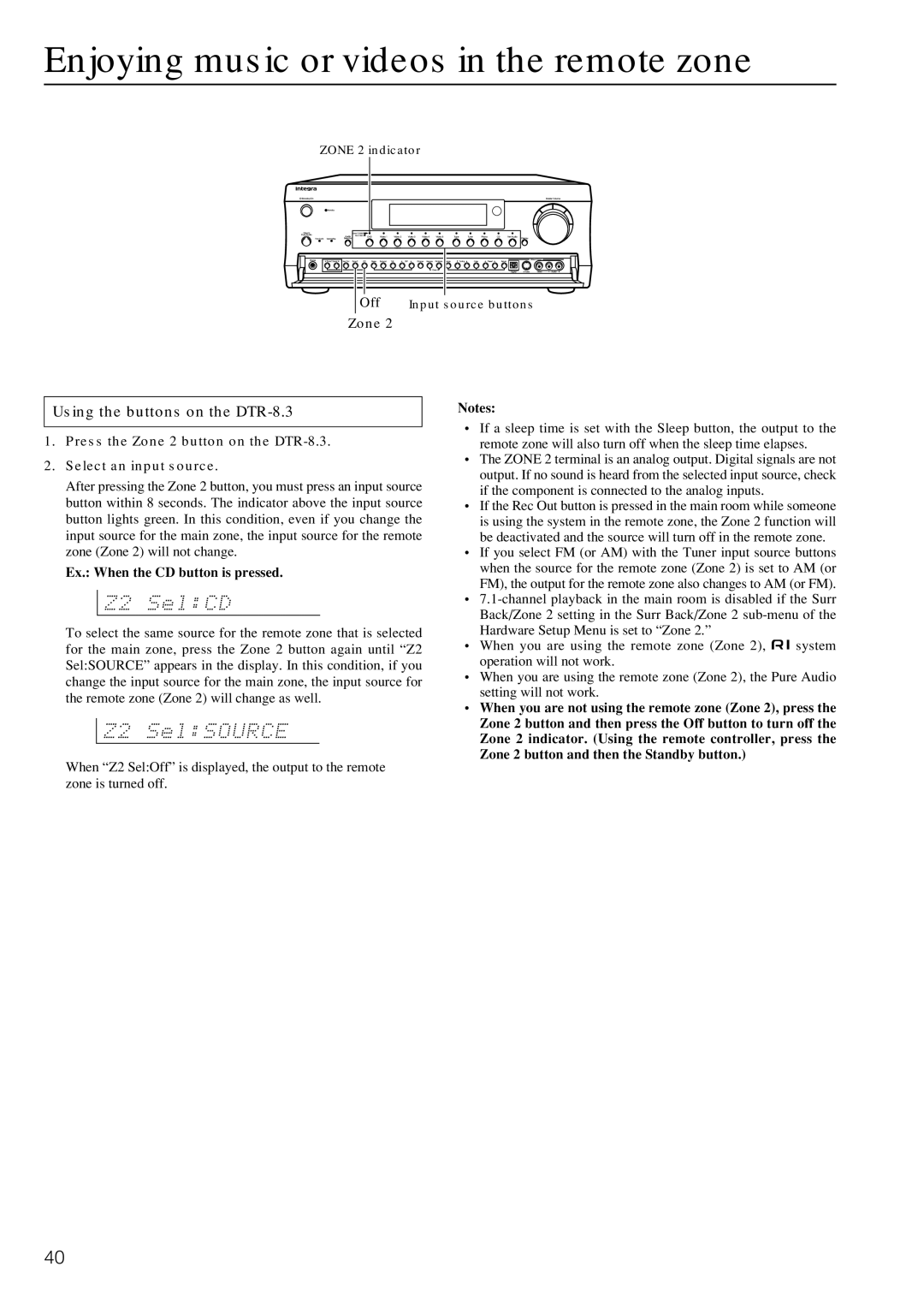 Integra instruction manual Enjoying music or videos in the remote zone, Using the buttons on the DTR-8.3, Zone 