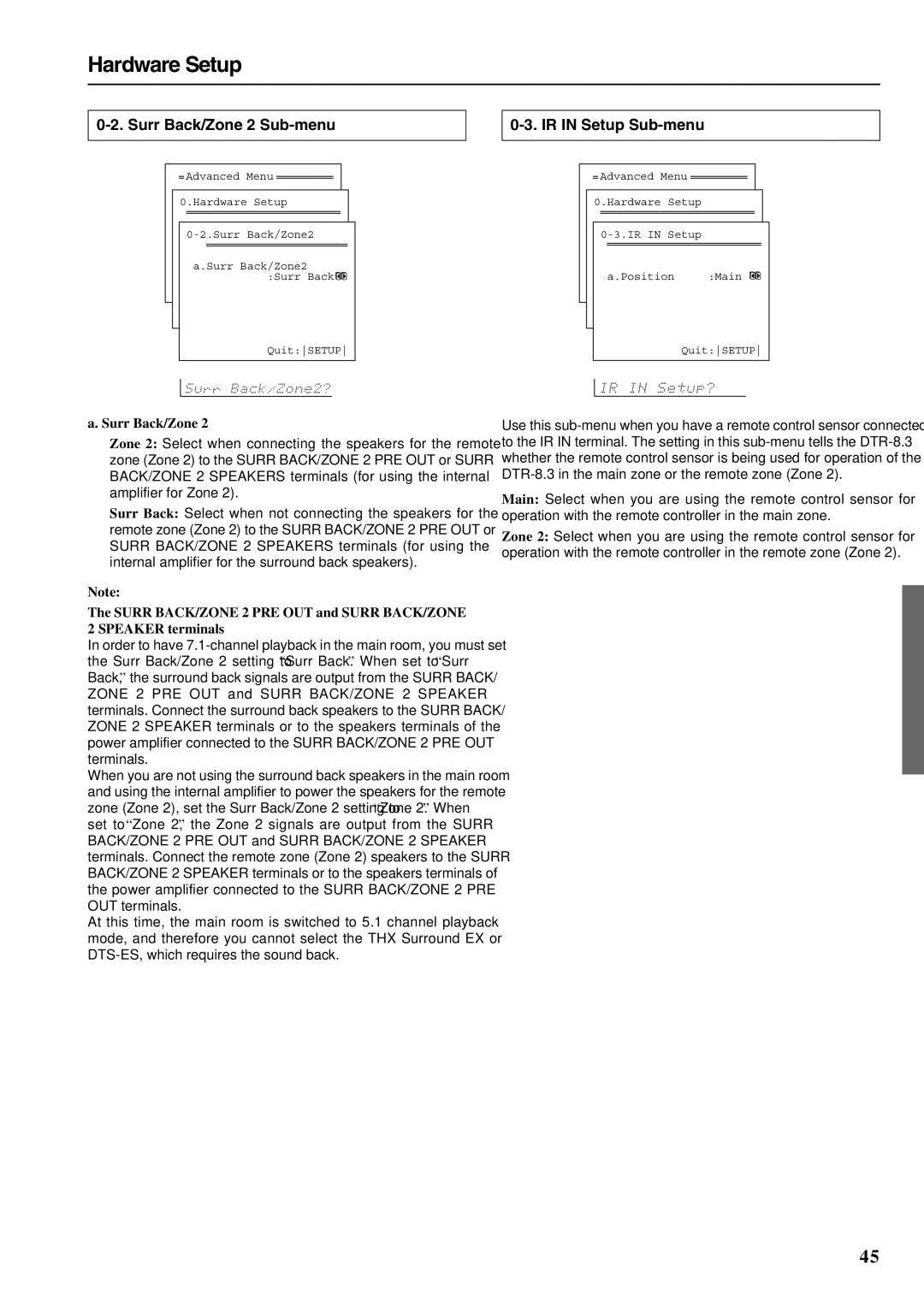 Integra DTR-8.3 instruction manual Hardware Setup, Surr Back/Zone 2 Sub-menu, IR in Setup Sub-menu 