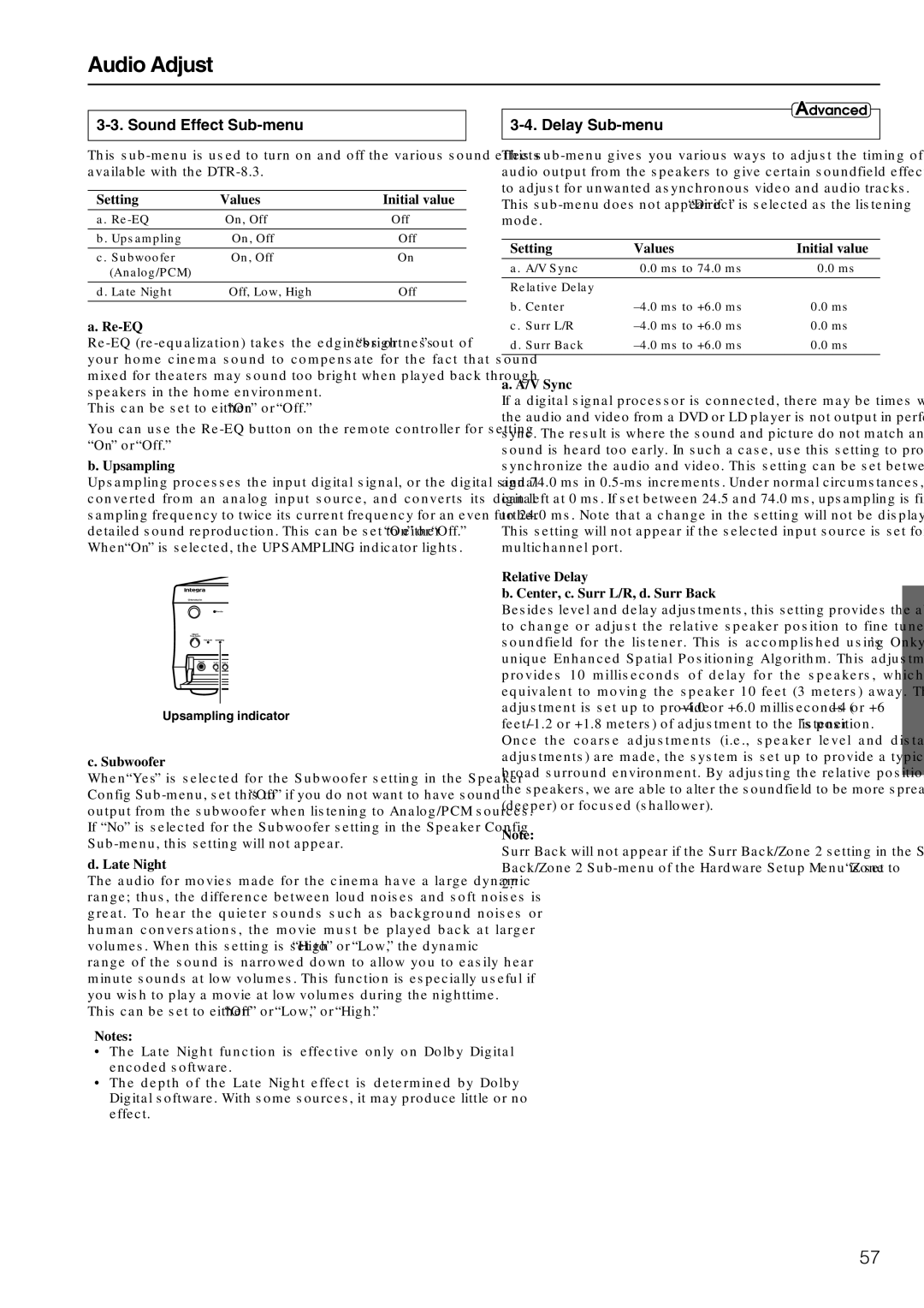 Integra DTR-8.3 instruction manual Audio Adjust, Sound Effect Sub-menu, Delay Sub-menu 