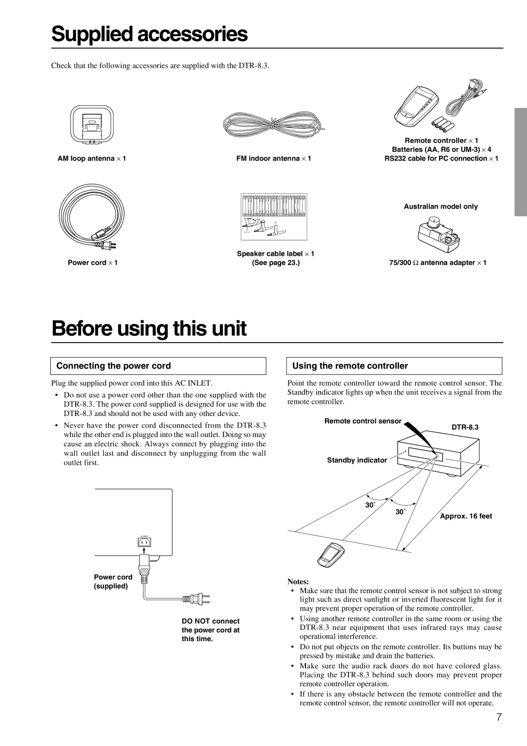 Integra DTR-8.3 instruction manual Supplied accessories, Before using this unit, Connecting the power cord 