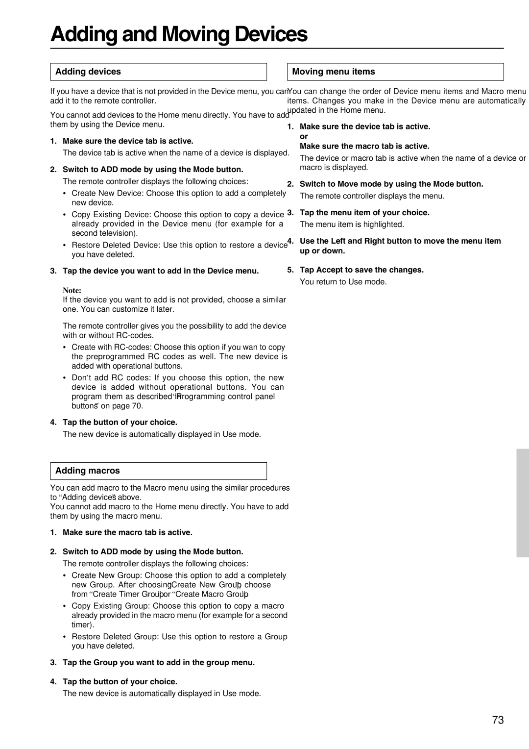 Integra DTR-8.3 instruction manual Adding and Moving Devices, Adding devices Moving menu items, Adding macros 