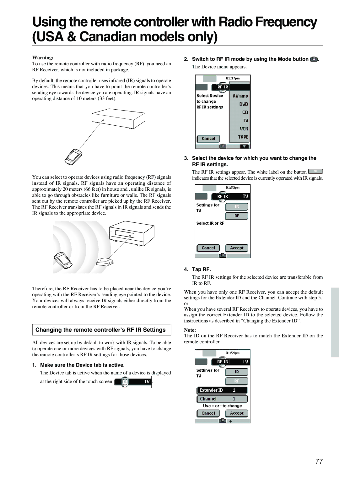 Integra DTR-8.3 Changing the remote controller’s RF IR Settings, Switch to RF IR mode by using the Mode button, Tap RF 