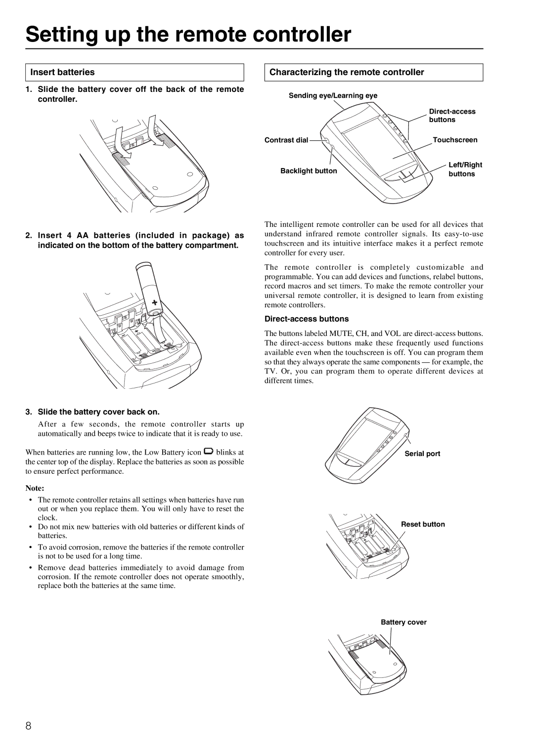 Integra DTR-8.3 instruction manual Setting up the remote controller, Insert batteries, Characterizing the remote controller 