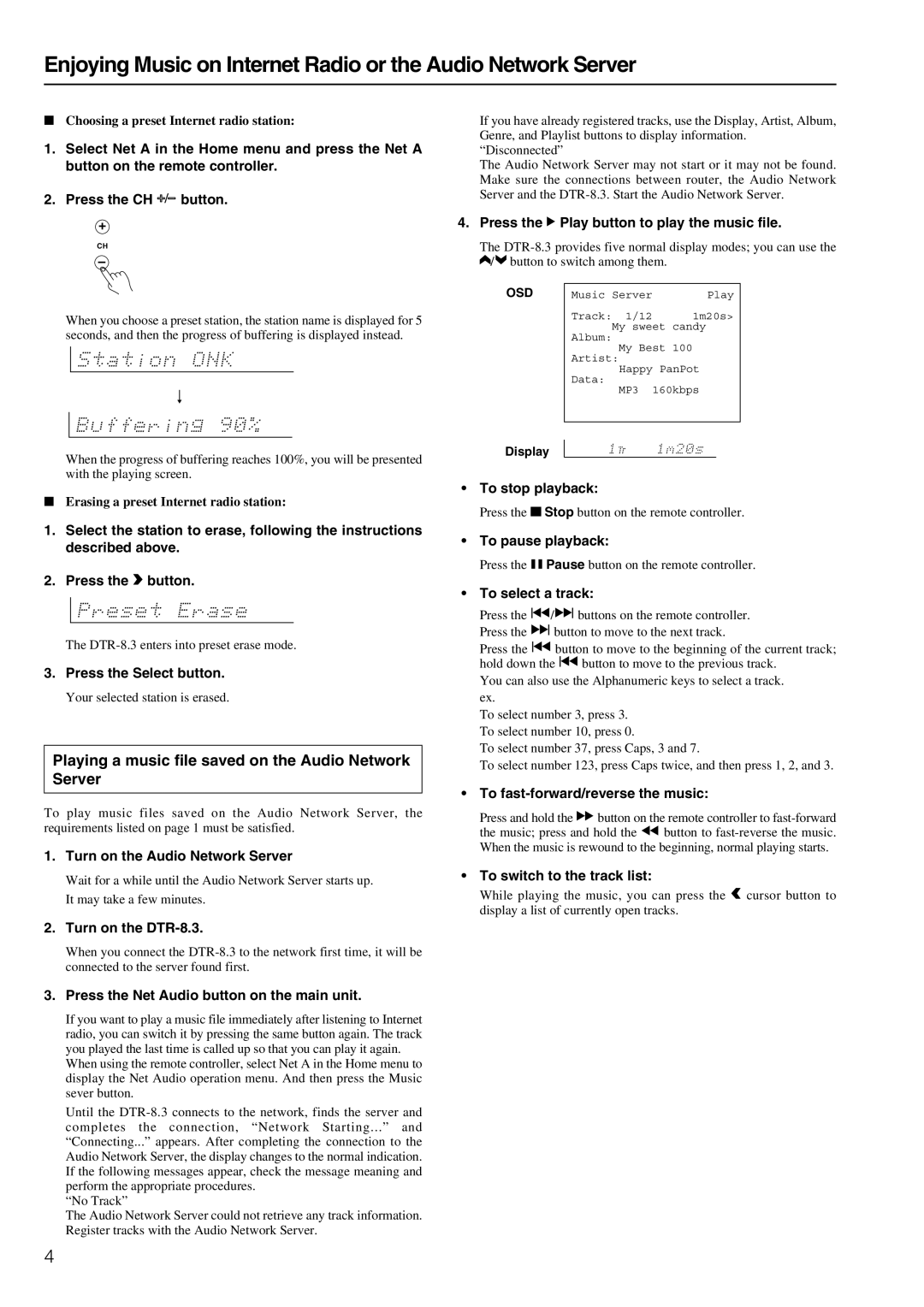 Integra DTR-8.3 instruction manual Playing a music file saved on the Audio Network Server 