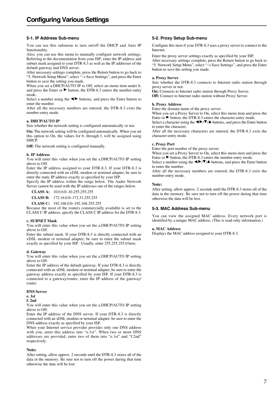 Integra DTR-8.3 Configuring Various Settings, IP Address Sub-menu, Proxy Setup Sub-menu, MAC Address Sub-menu 