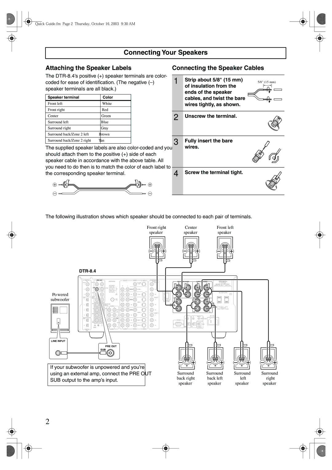 Integra DTR-8.4 instruction manual Connecting Your Speakers, Connecting the Speaker Cables 