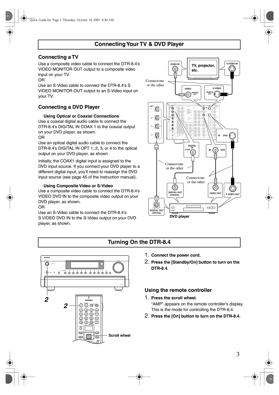 Integra Connecting Your TV & DVD Player, Turning On the DTR-8.4, Connecting a TV, Using Composite Video or S-Video 