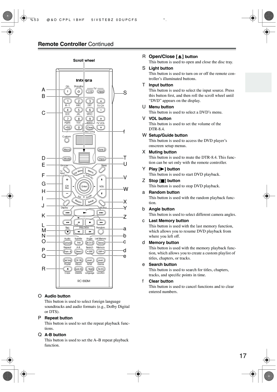 Integra DTR-8.4 Menu button, Angle button, Last Memory button, Search button, Clear button, Audio button, B button 