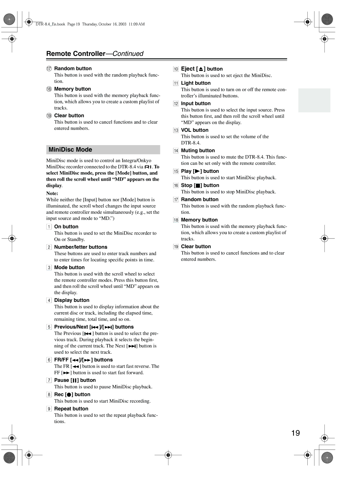 Integra DTR-8.4 instruction manual MiniDisc Mode, FR/FF Buttons, Rec button 