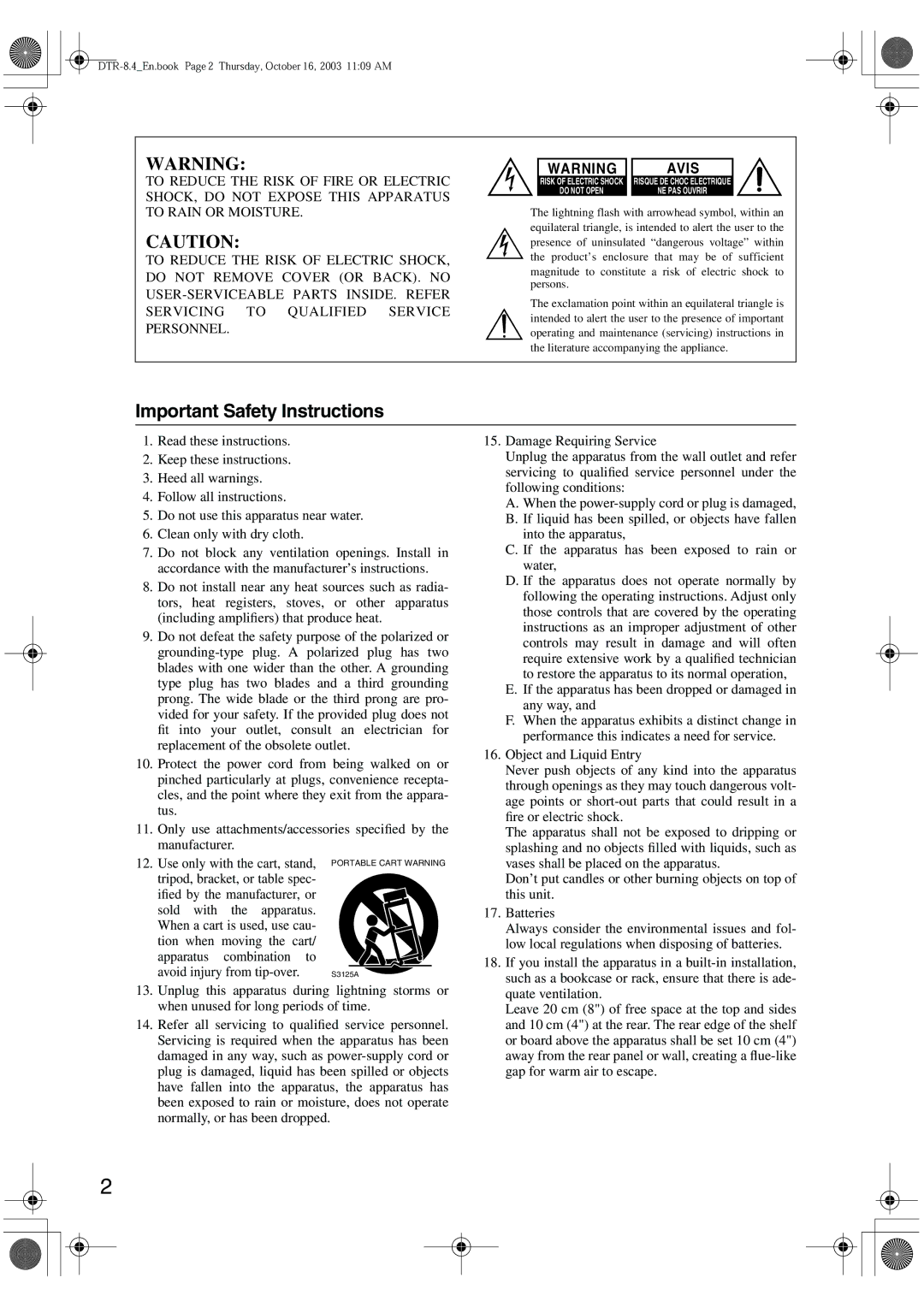 Integra DTR-8.4 instruction manual Important Safety Instructions, Avis 