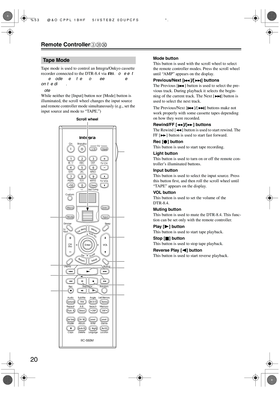 Integra DTR-8.4 instruction manual Tape Mode, Rewind/FF / buttons, Reverse Play button 