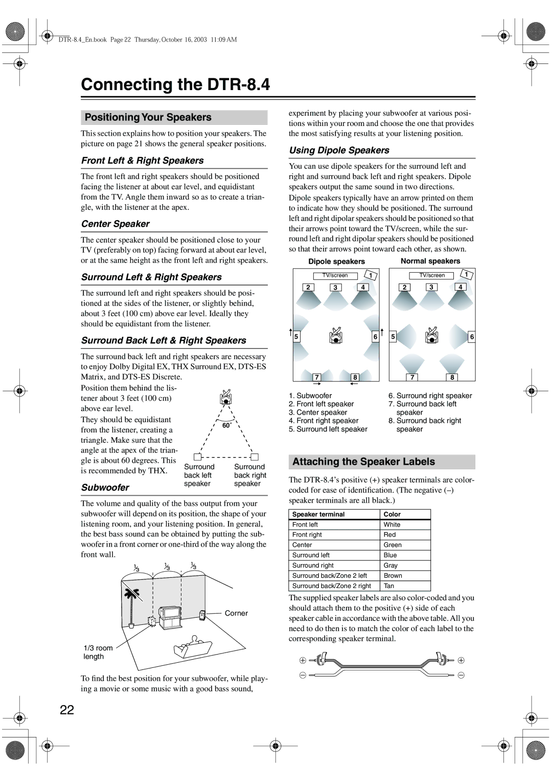 Integra instruction manual Connecting the DTR-8.4, Positioning Your Speakers, Attaching the Speaker Labels 