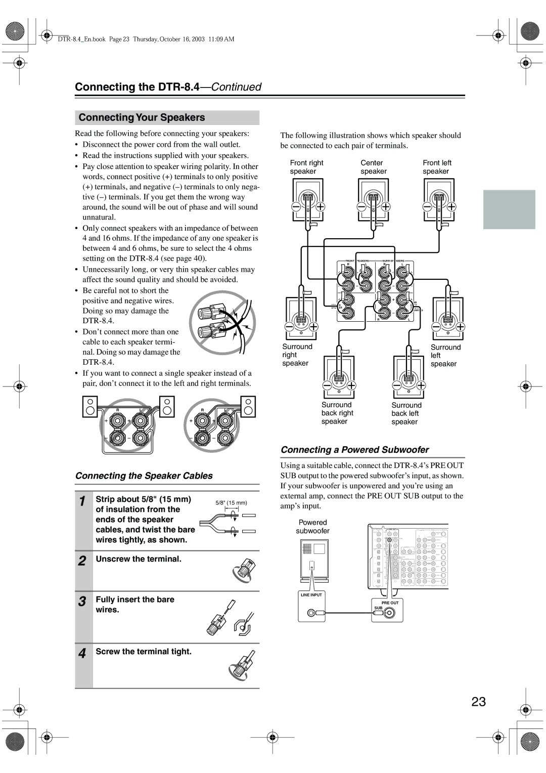 Integra Connecting the DTR-8.4, Connecting Your Speakers, Connecting the Speaker Cables, Connecting a Powered Subwoofer 