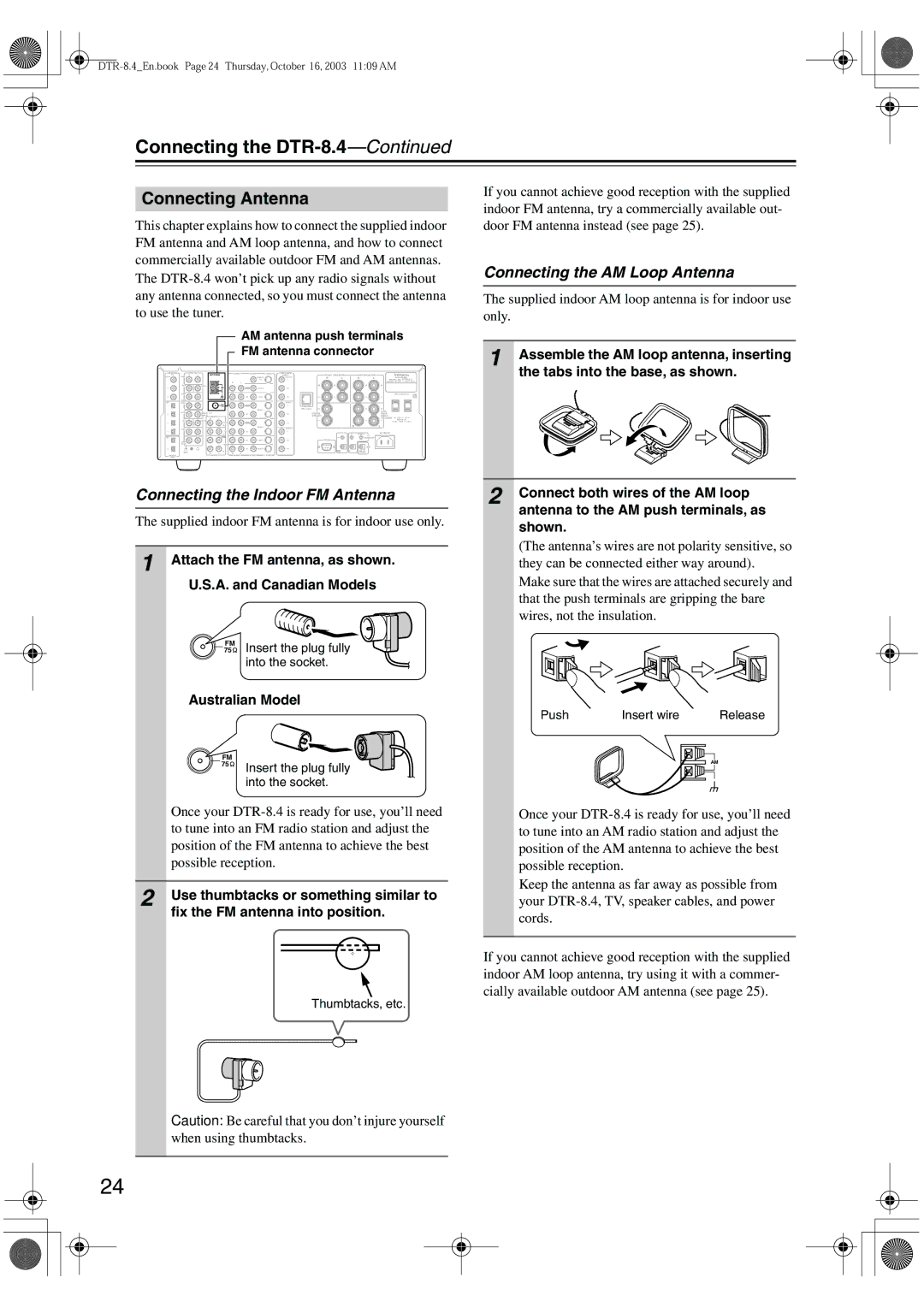 Integra DTR-8.4 Connecting Antenna, Connecting the AM Loop Antenna, Connecting the Indoor FM Antenna, Australian Model 