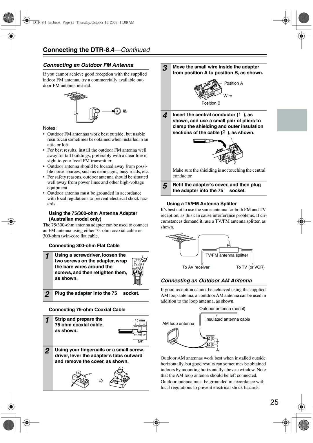 Integra DTR-8.4 instruction manual Connecting an Outdoor FM Antenna, Connecting an Outdoor AM Antenna 