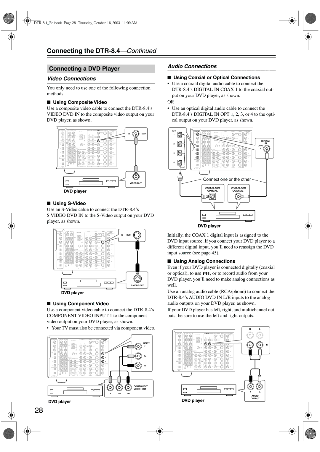 Integra DTR-8.4 Connecting a DVD Player, Video Connections, Audio Connections, Using Coaxial or Optical Connections 