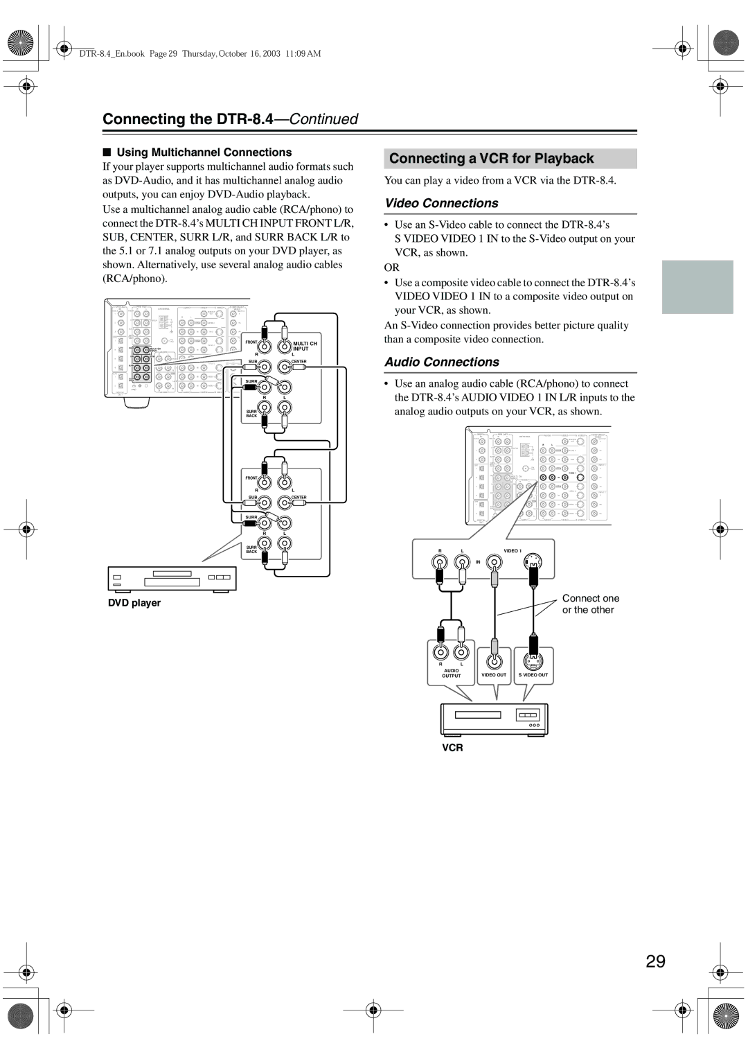 Integra DTR-8.4 instruction manual Connecting a VCR for Playback, Using Multichannel Connections 