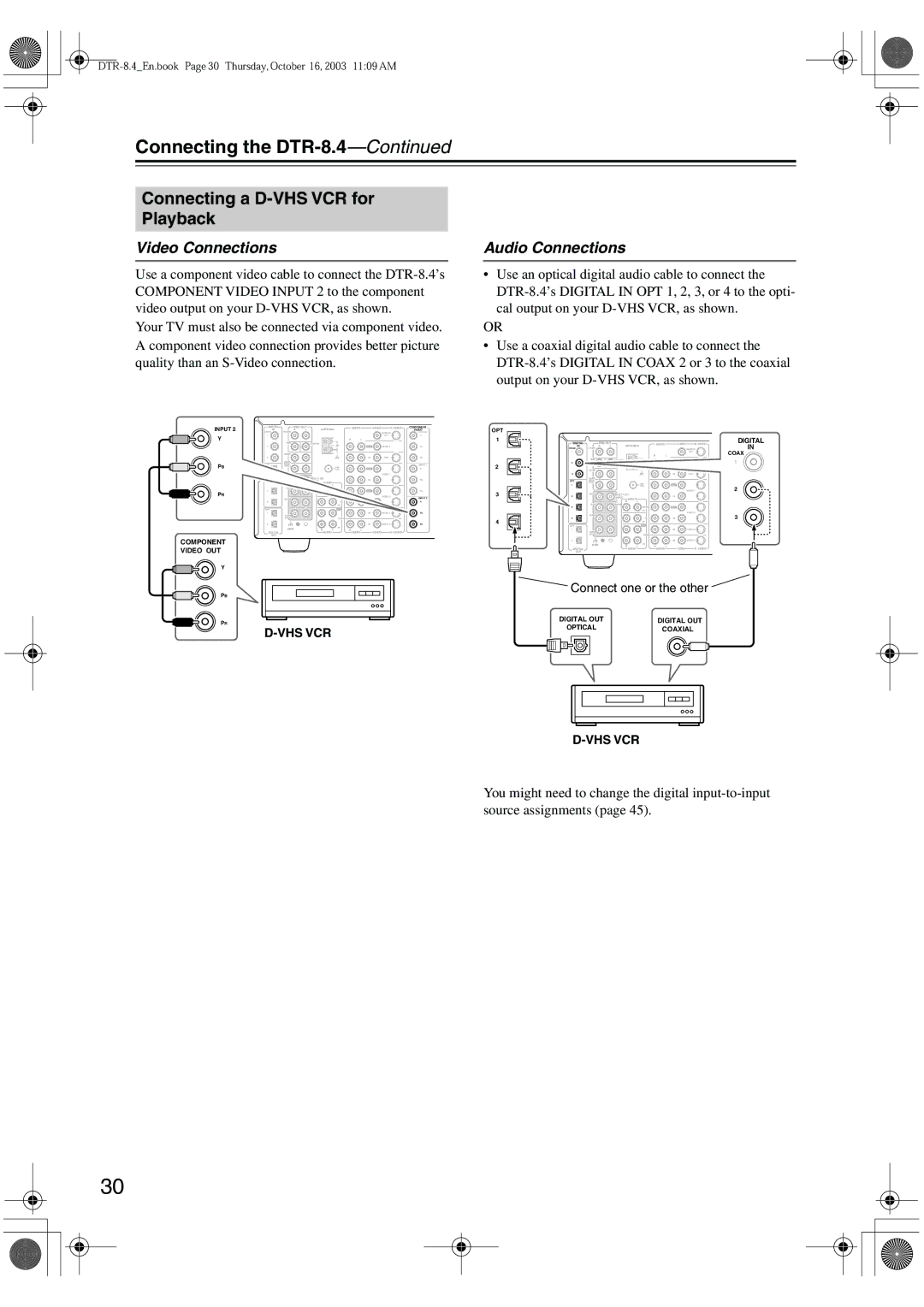 Integra DTR-8.4 instruction manual Connecting a D-VHS VCR for Playback 