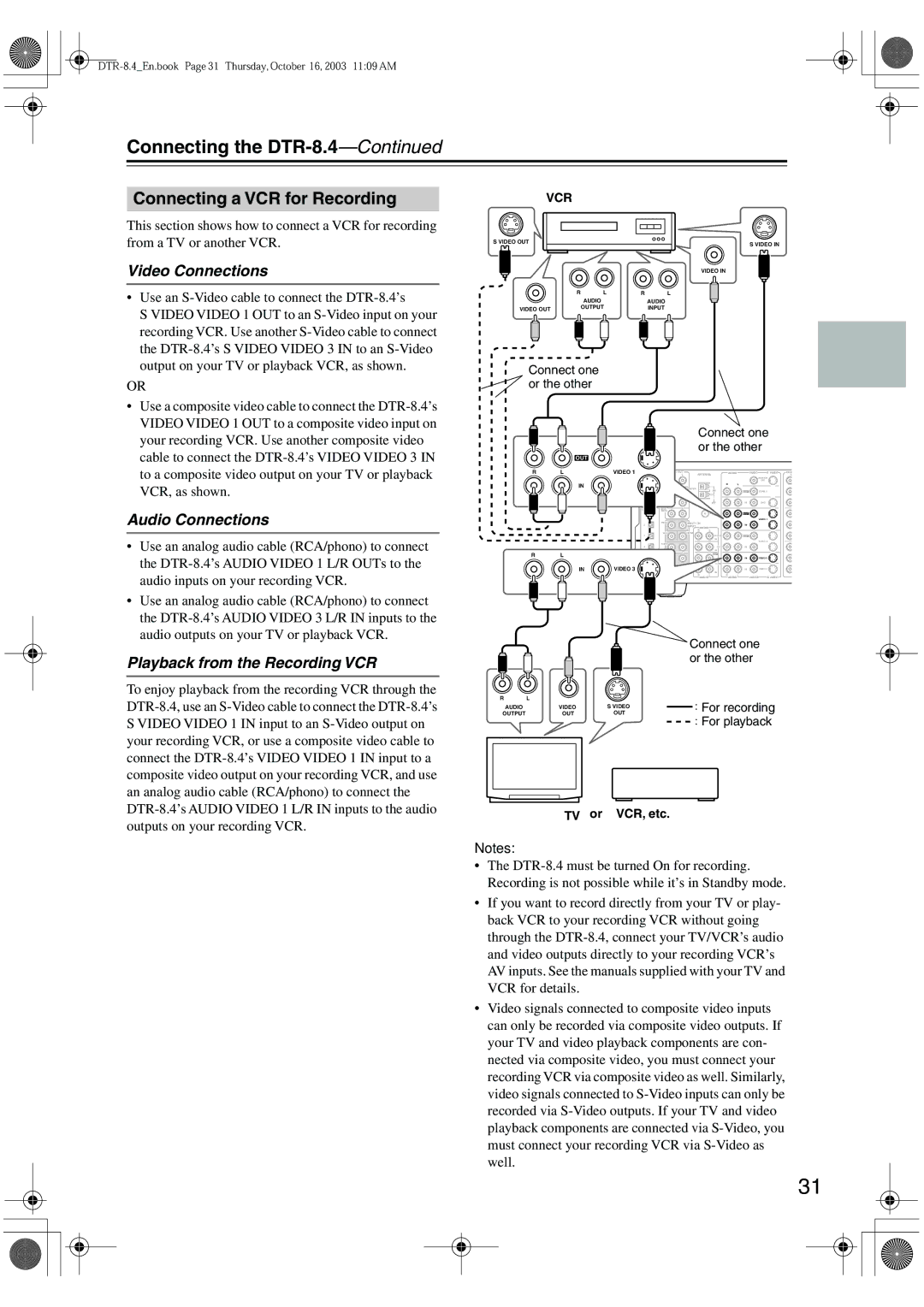 Integra DTR-8.4 instruction manual Connecting a VCR for Recording, Playback from the Recording VCR 