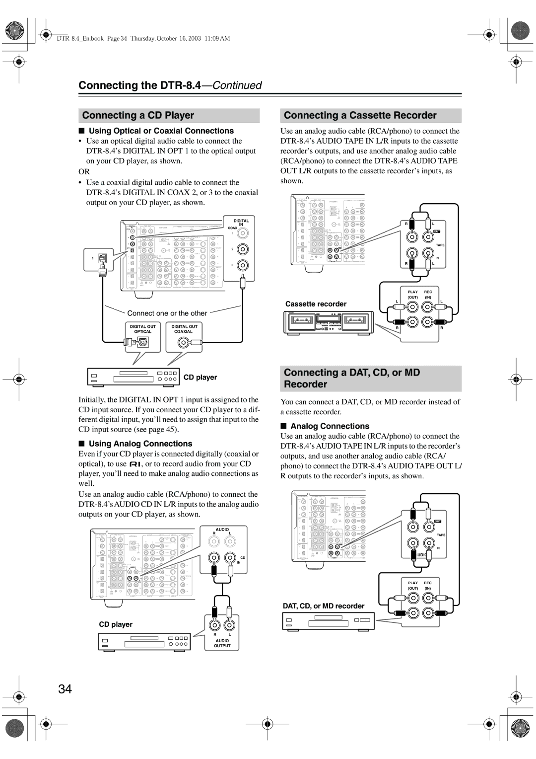 Integra DTR-8.4 Connecting a CD Player, Connecting a Cassette Recorder, Connecting a DAT, CD, or MD Recorder 