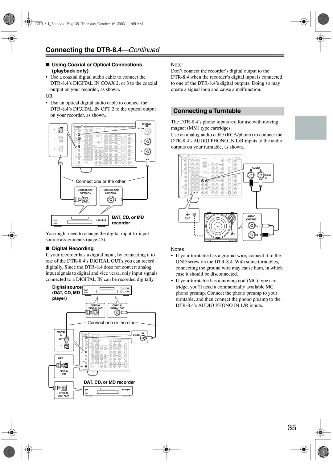 Integra DTR-8.4 Connecting a Turntable, Using Coaxial or Optical Connections playback only, Digital Recording 