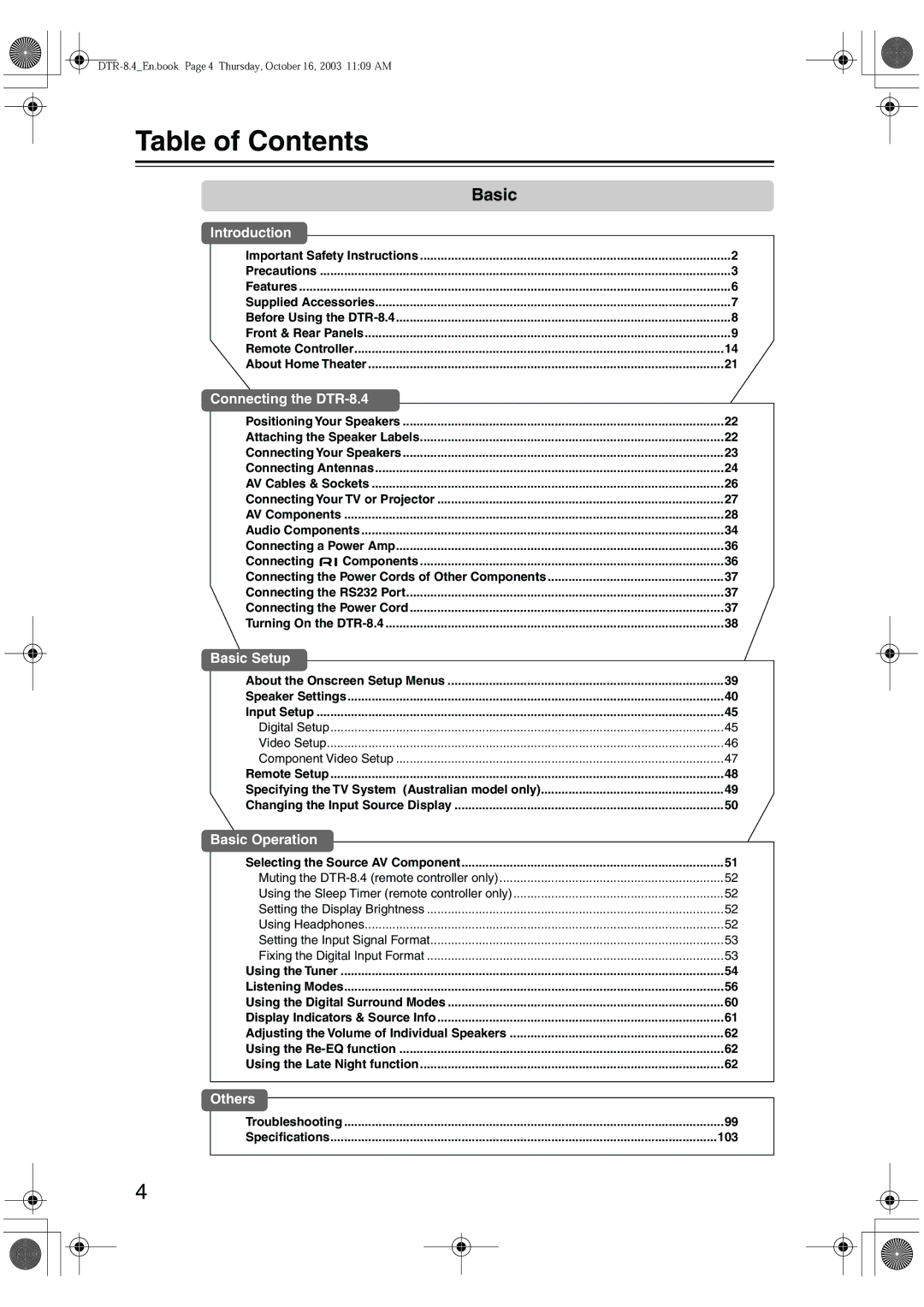 Integra DTR-8.4 instruction manual Table of Contents 