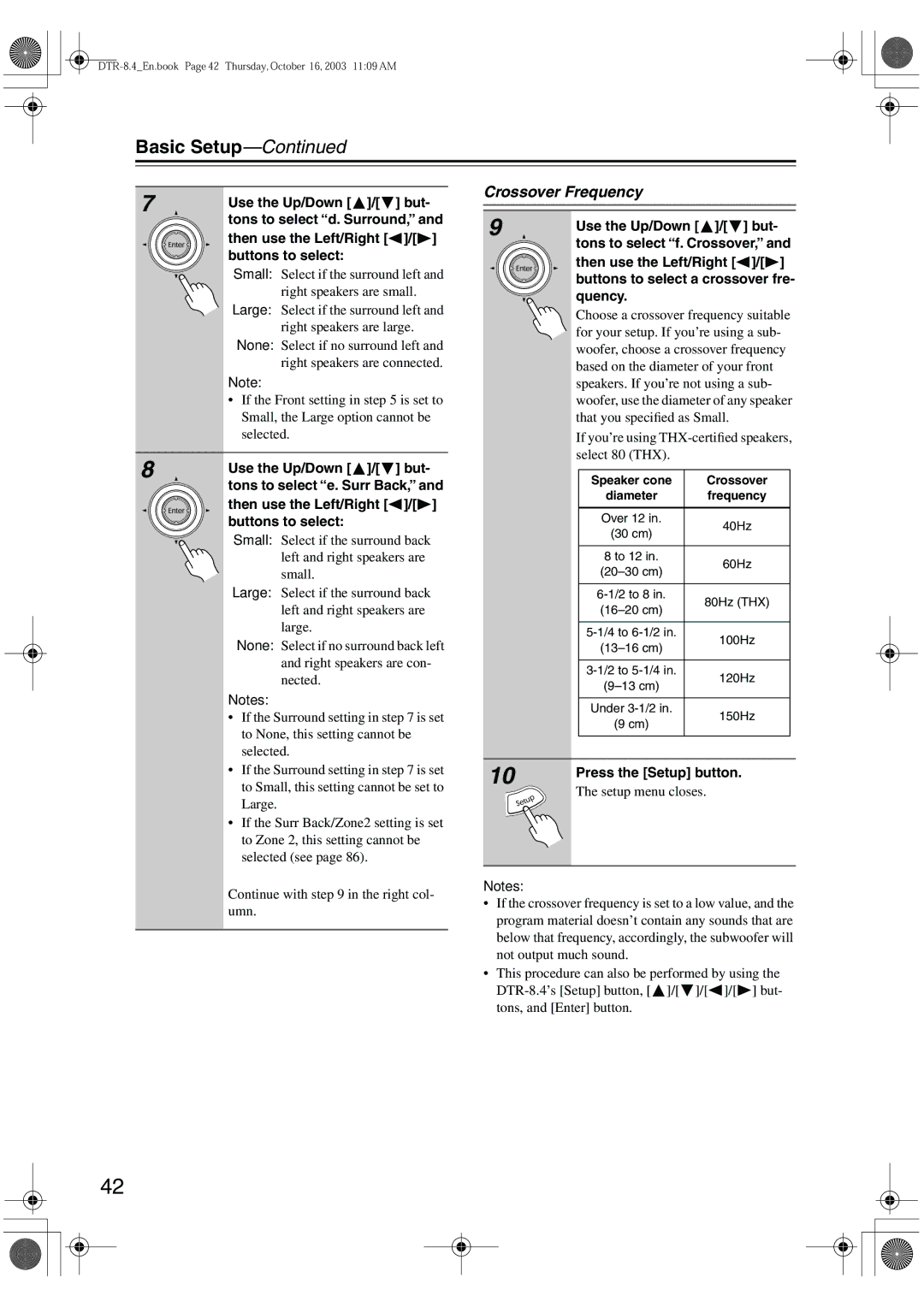 Integra DTR-8.4 instruction manual Crossover Frequency 